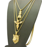 Stone Stud Power Plug, Extended Wing & King Lion Pendant Set w/ Chain Necklaces in Gold-Tone