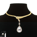 Women's Teardrop Stone Pendant Open Choker Necklace and Earring Set in Gold-Tone