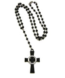 Colored Veritas Aequitas Cross Pendant with 6mm 30" Black Stone Rosary Necklace