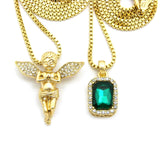 Stone Stud Extended Wing Praying Angel & Colored Gemstone Set w/ 24" & 30" Gold-Tone Box Chains