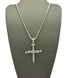 Studded Allover 3 Cross Nail Pendant w/ 2mm 24" Box Chain Necklace in Silver-Tone