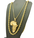 Roaring Lion on Africa Pendant w/ 2mm 24" Box Chain & 6mm 30" Rope Chain Necklace in Gold-Tone