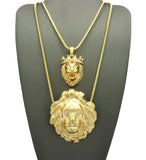 Stone Stud Crown Lion & Fierce Lion Head Pendant Set w/ 2mm 24" & 30" Box Chain Necklaces in Gold-Tone