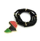 Pan Africa Continent Pendant w/6mm 30" Black Wood Bead Color Disc Necklace, RD/BK/GR, Gold-Tone