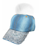 Faux Fur Pom Pom Vintage Rhinestone Bill Adjustable Baseball Cap Hat