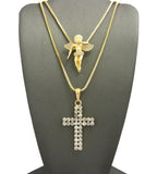 Floating Angel & 2 Row Stone Cross Pendant Set w/ 24" & 30" Box Chain Necklaces in Gold-Tone