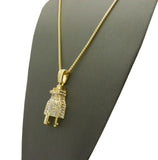 Stone Stud Male Power Plug Pendant w/2mm 24" Box Chain Necklace, Gold-Tone