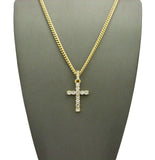 Round Stone Stud Single Row Cross Pendant  Chain Necklace, Gold-Tone