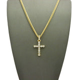 Round Stone Stud Single Row Cross Pendant  Chain Necklace, Gold-Tone