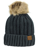 C.C Thick Cable Knit Faux Fuzzy Fur Pom Fleece Lined Skull Cap Cuff Beanie