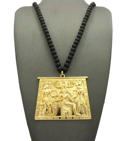 Gold-Tone Egyptian Hieroglyphic Tablet with 6mm 30" Wood Bead Necklace