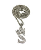 Stone Stud Allover Tilted Crown Initial S Pendant w/ 3mm 24" Cuban Chain Necklace - Silver Tone