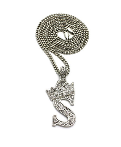 Stone Stud Allover Tilted Crown Initial S Pendant w/ 3mm 24" Cuban Chain Necklace - Silver Tone