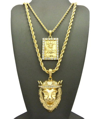 Statue of Liberty and King Lion Pendant Set w/ Rope Chain Necklaces in Gold-Tone