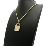 Stone Stud Padlock Pendant w/ 2mm 24" Box Chain Necklace
