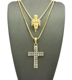 Praying Angel & 2 Row Stone Cross Pendant Set w/ 24" & 30" Box Chain Necklaces in Gold-Tone