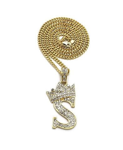 Stone Stud Allover Tilted Crown Initial S Pendant w/ 3mm 24" Cuban Chain Necklace