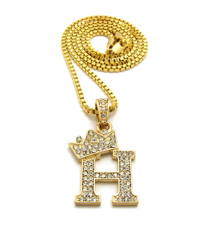 Unisex Stone Stud Tilted Crown Letter Initial Micro Pendant 2mm Box Chain Necklace, 20", H