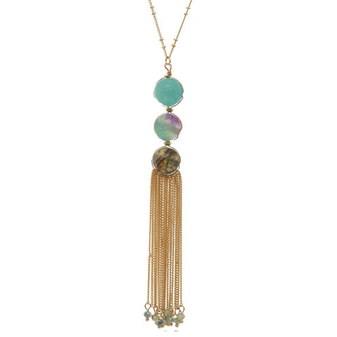 Women's Round Bead with Chain Tassel Dangling Pendant with 30" Chain Necklace