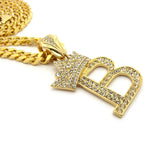 Stone Stud Allover Tilted Crown Initial B Pendant w/6mm 24" Box Cuban Chain, Gold-Tone