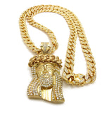 Crown of Thorns Stone Stud Jesus Face Pendant 12mm 30" Iced Out Cuban Chain Necklace in Gold-Tone