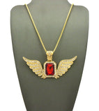 Stone Stud Gemstone w/ Angel Wing Pendant on Chain Necklace