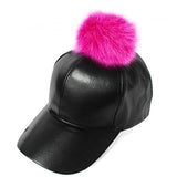 Fur Pom Pom Adjustable Snapback Faux Leather Precurved Baseball Cap