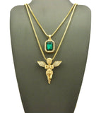 Stone Stud Extended Wing Praying Angel & Colored Gemstone Set w/ 24" & 30" Gold-Tone Box Chains