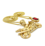 Ruby Red Gemstone & Stone Stud Motorcycle Pendant Set w/ 2mm 24" & 30" Box Chains in Gold-Tone