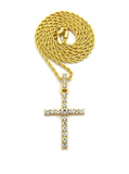 Studded Single Row Center Stone Cross Pendant Necklace, Gold-Tone