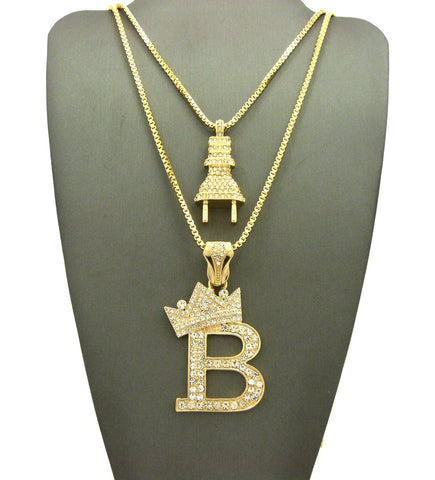 Stone Stud Power Plug & Tilted Crown Initial B Pendant Set w/ Gold-Tone Box Chain Necklaces
