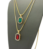 Micro Faux Ruby & Faux Emerald Stone Pendant Set 2mm 24" & 30" Box Chain Necklace in Gold-Tone