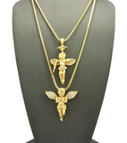 Stone Stud Extended Wing Praying Angel Set w/ 24" & 30" Gold-Tone Box Chain Necklaces
