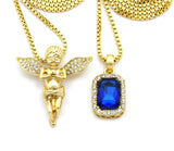 Stone Stud Extended Wing Praying Angel & Colored Gemstone Set w/ 24" & 30" Gold-Tone Box Chains