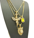 Yellow Stone, Halo Angel & King Lion Pendant Set w/ Multi Length Box Chains in Gold-Tone