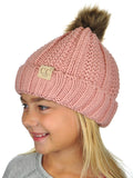 C.C Kids' Children's Cable Knit Faux Fuzzy Fur Pom Fleece Lined Cuff Beanie