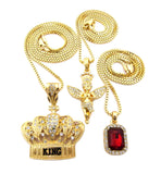 Ruby Red Stone, Crowned Angel, & King Crown Pendant Set w/ Box Chain Necklaces in Gold-Tone