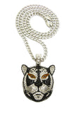 Stone Stud Tiger Face Pendant with 6mm 30" Cuban Chain Necklace, Silver-Tone/Black Accent