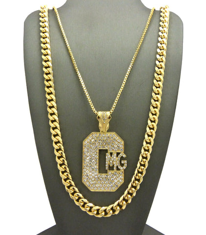 Stone Stud Hip-Hop CMG Initials Pendant Necklace with 8mm 30" Miami Cuban Chain in Gold-Tone