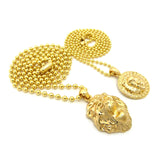 Solid Narrow Lion Head Medal & 3D Lion Head Pendant Set 2mm 24" & 30" Ball Chain Necklace in Gold-Tone