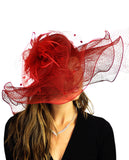 NYFASHION101 Wavy Wide Brim Veil & Feather Kentucky Derby Sinamay Hat