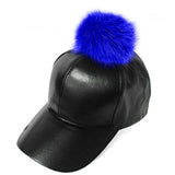 Fur Pom Pom Adjustable Snapback Faux Leather Precurved Baseball Cap