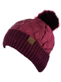 C.C Soft Quilted Puffer Detachable Faux Fur Pom Inner Lined Cuff Beanie Hat