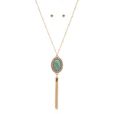 Women's Stud Border Oval Stone Pendant Necklace and Earrings Set
