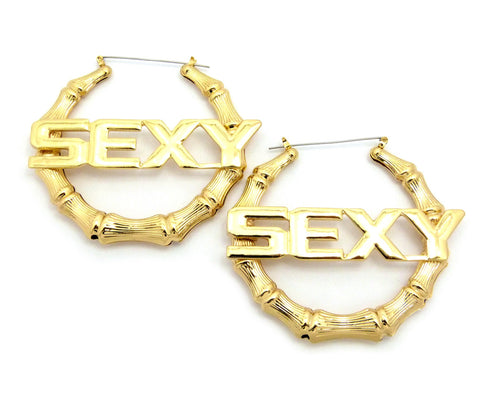 SEXY Charm Bamboo Door Knocker Hoop Pincatch Earrings, Gold-Tone