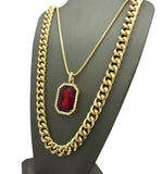 Ruby Red Gemstone Pendant with 2mm 24" Box Chain and 10mm 30" Cuban Chain Necklace in Gold-Tone