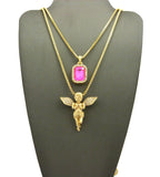 Stone Stud Extended Wing Praying Angel & Colored Gemstone Set w/ 24" & 30" Gold-Tone Box Chains