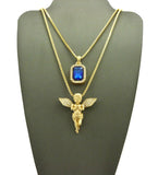 Stone Stud Extended Wing Praying Angel & Colored Gemstone Set w/ 24" & 30" Gold-Tone Box Chains