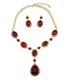 Hanging Encircled Teardrop Red Stone and Dangling Earrings Set in Gold-Tone