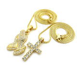 Stone Stud Single Row Cross & Stone Stud Praying Hands Pendant Set w/ 2mm Box Chains in Gold-Tone